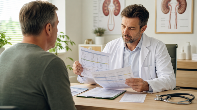 Férfi páciens neforlógusa a  laborereményt elemzi