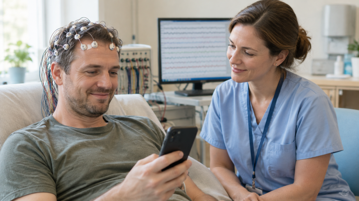 EEG viszgálat kórházban, a képen egy páciens és egy doktornő látható